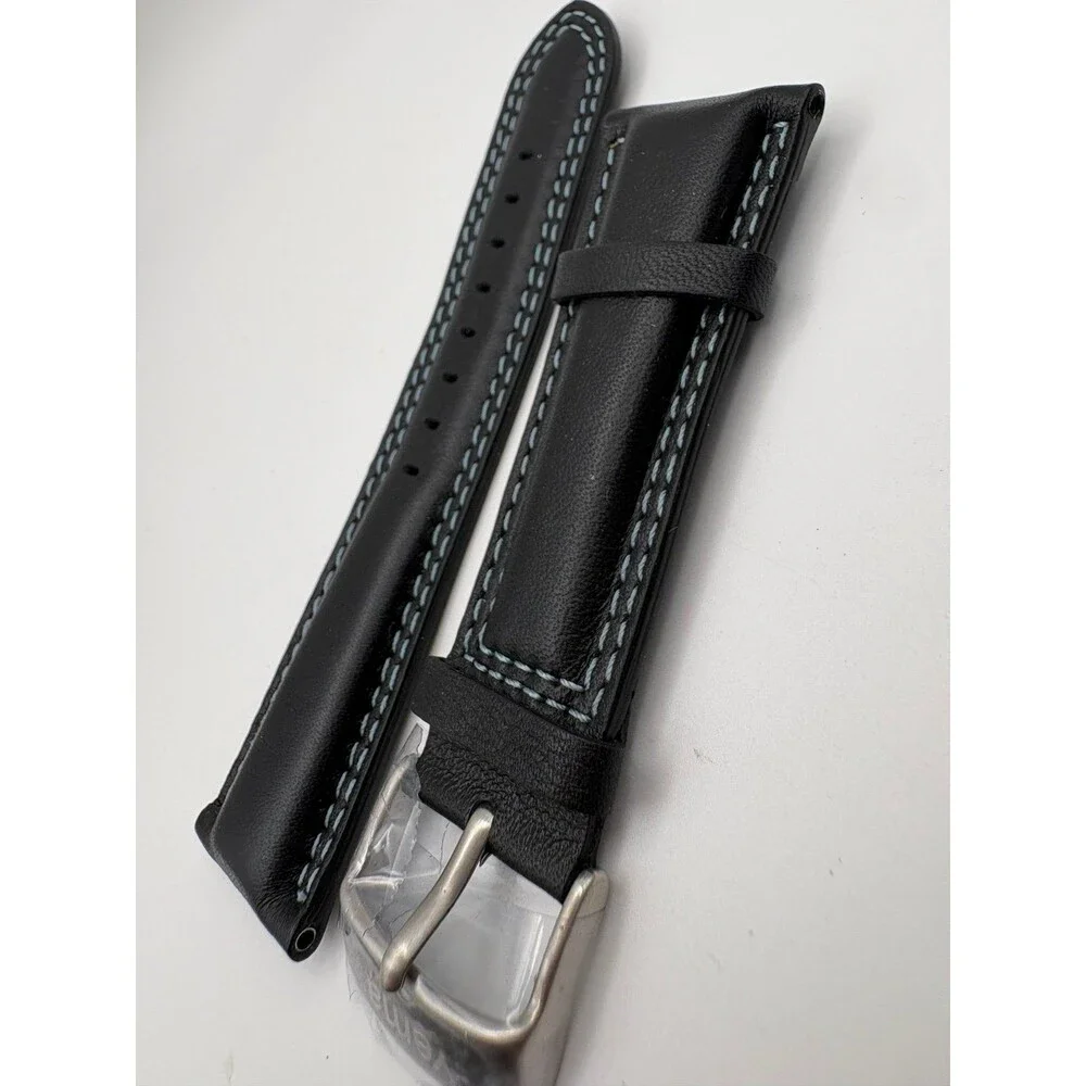 New OEM Yema Black Genuine Leather Watch Strap | Blue Stitching 20mm Stainless